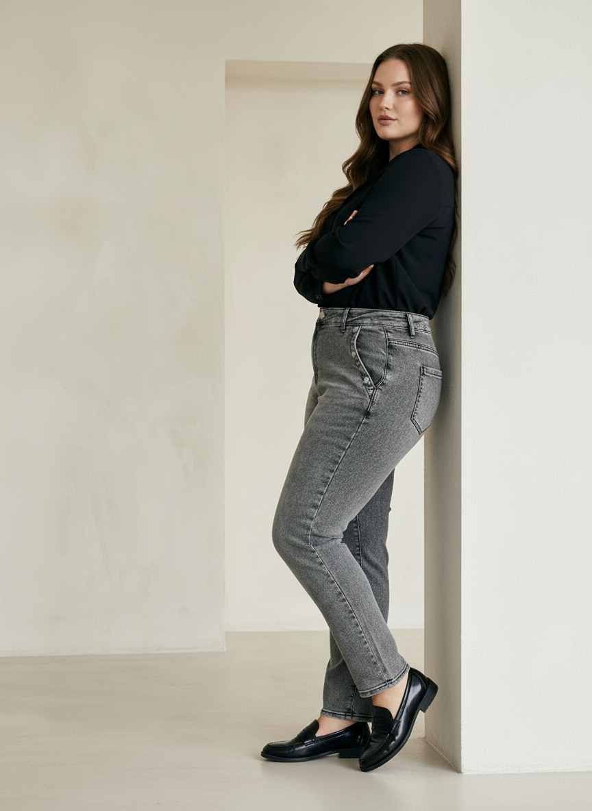 Еластични сиви  дънки модерна визия Plus size  