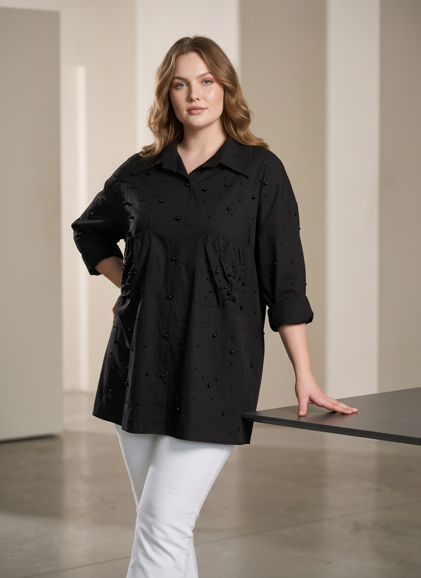 Бутикова риза с перли в черно  Plus size