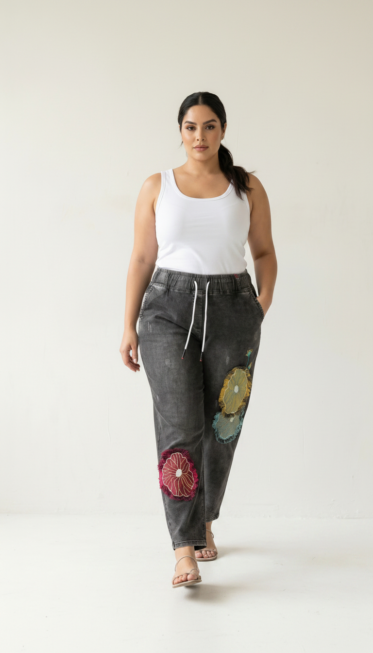 Летни дънки с ефекtни бродирани цветя Plus size