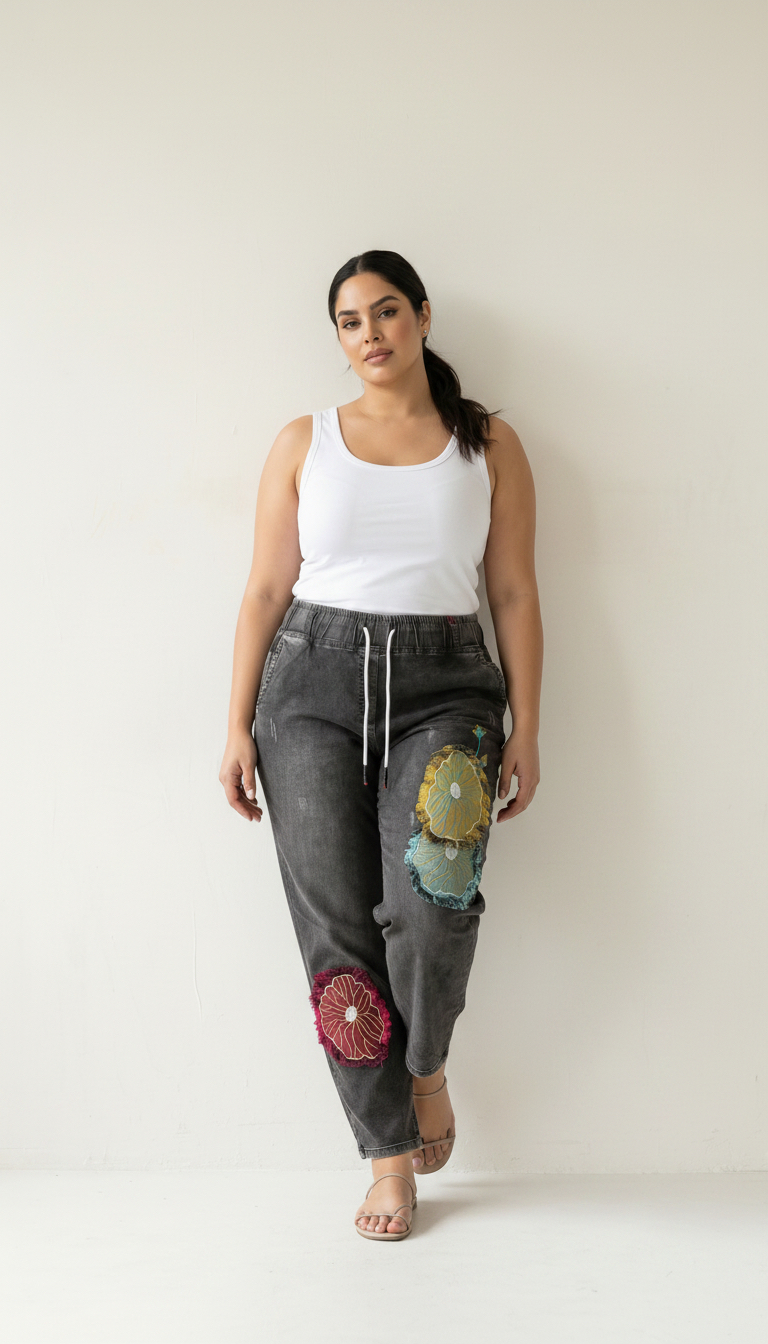 Летни дънки с ефекtни бродирани цветя Plus size