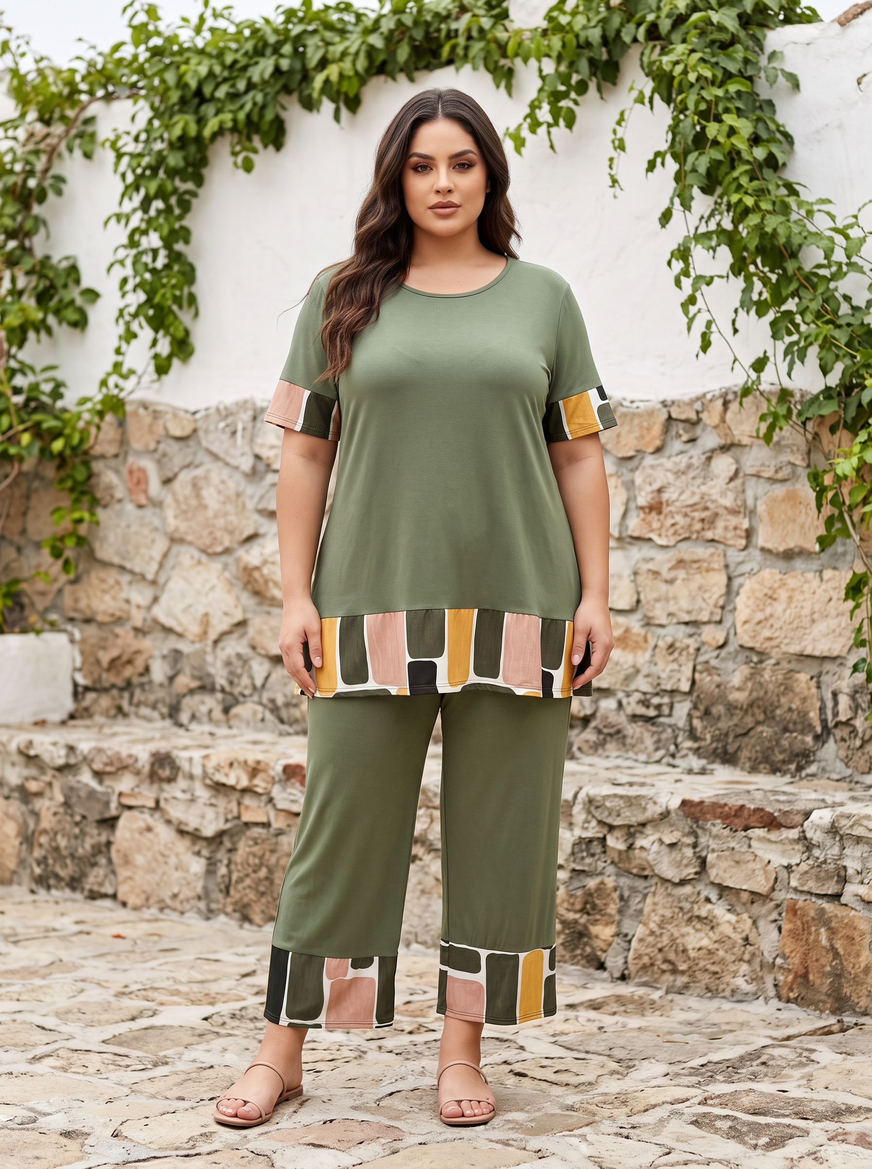 Трикотажен комплект панталон и туника Plus size