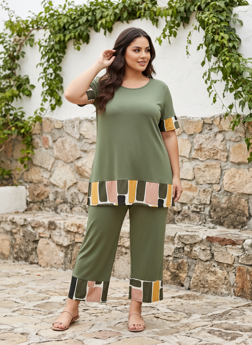 Трикотажен комплект панталон и туника Plus size