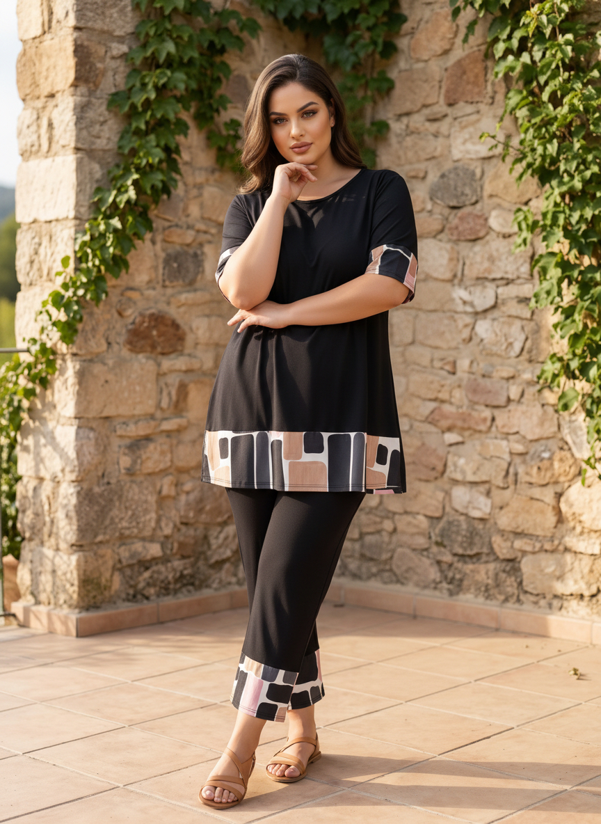 Трикотажен комплект панталон и туника Plus size ЧЕРНО
