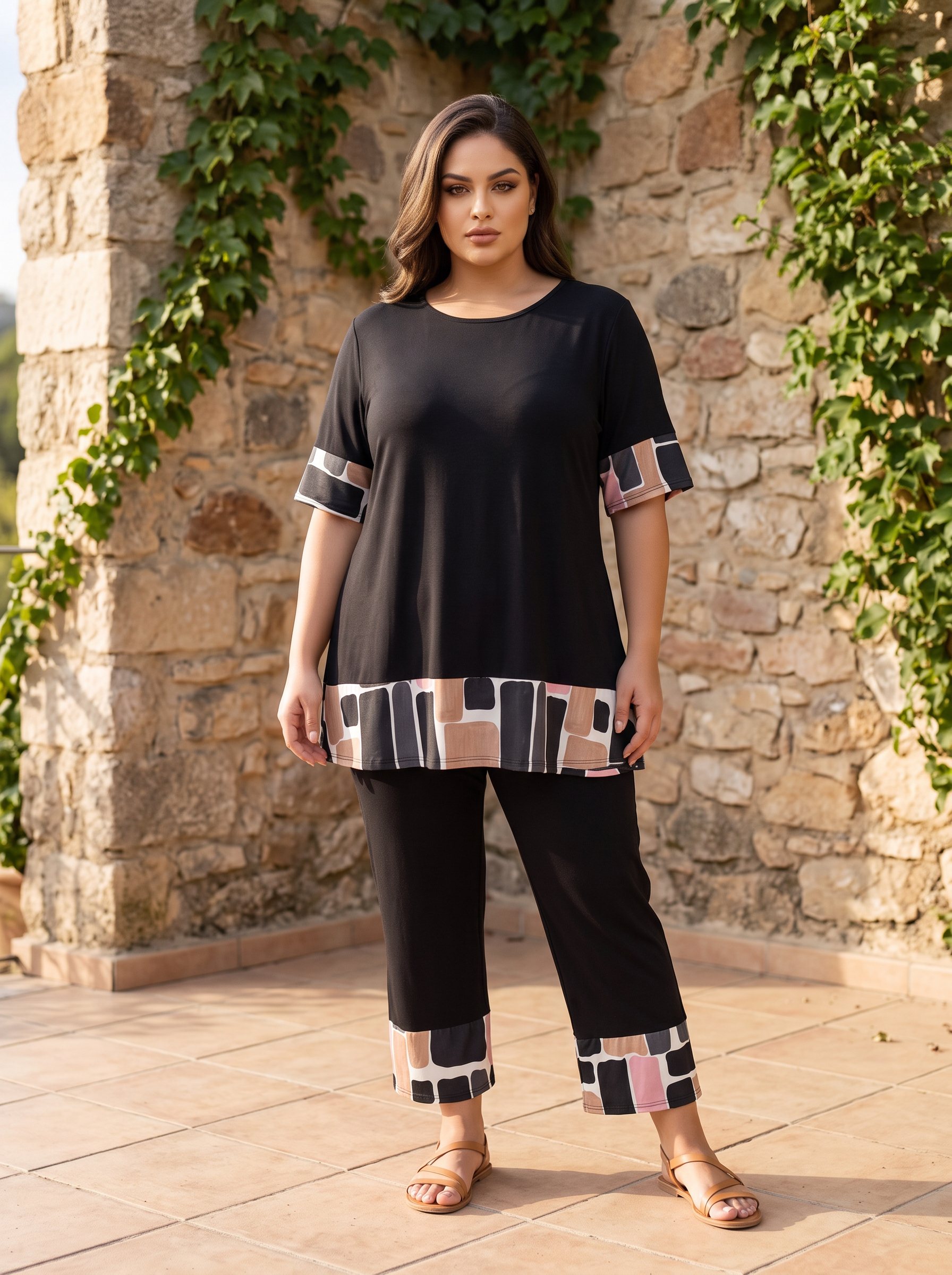 Трикотажен комплект панталон и туника Plus size ЧЕРНО