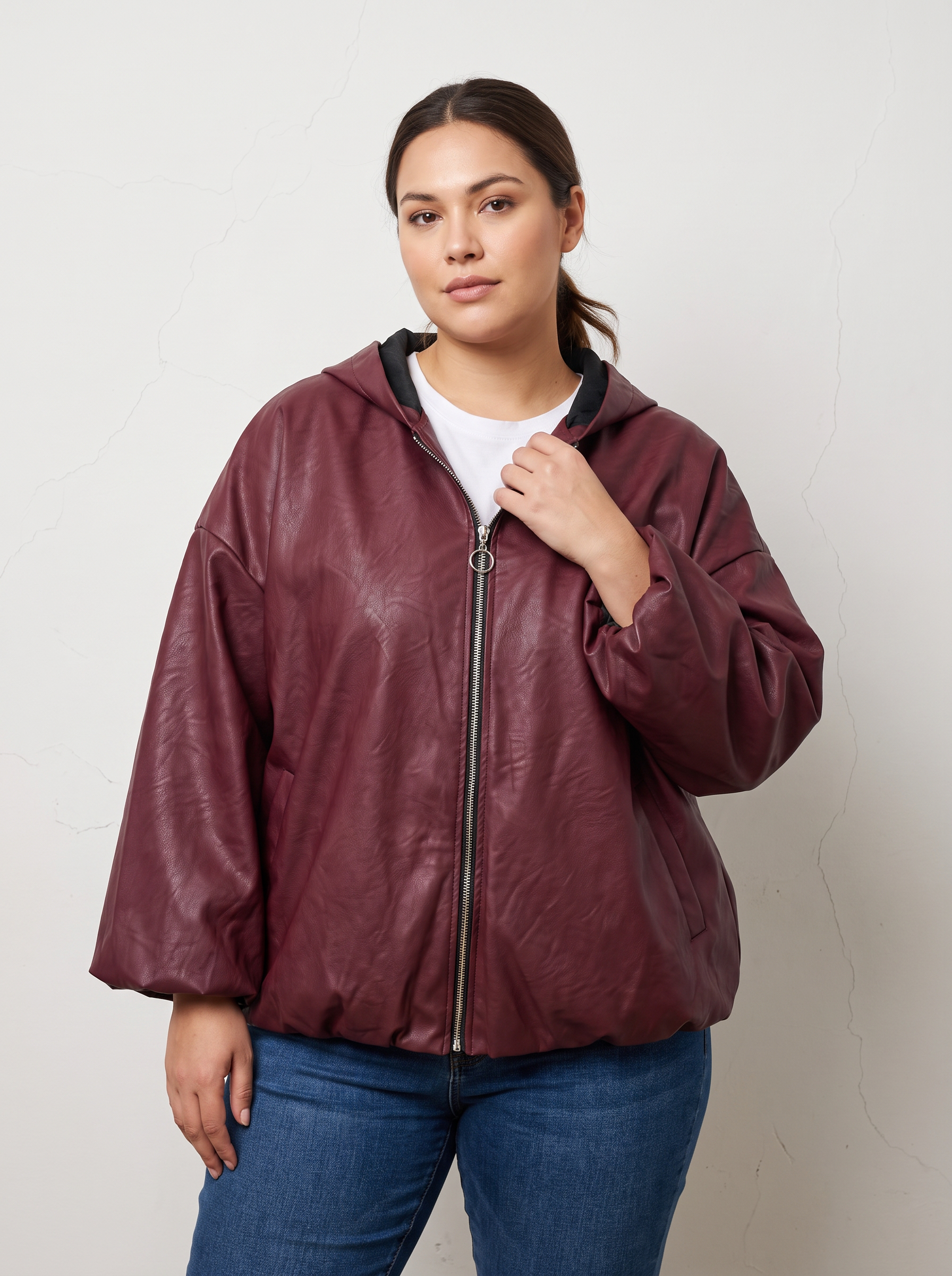 Модерно кожено яке с обемни ръкави в бордо Plus Size