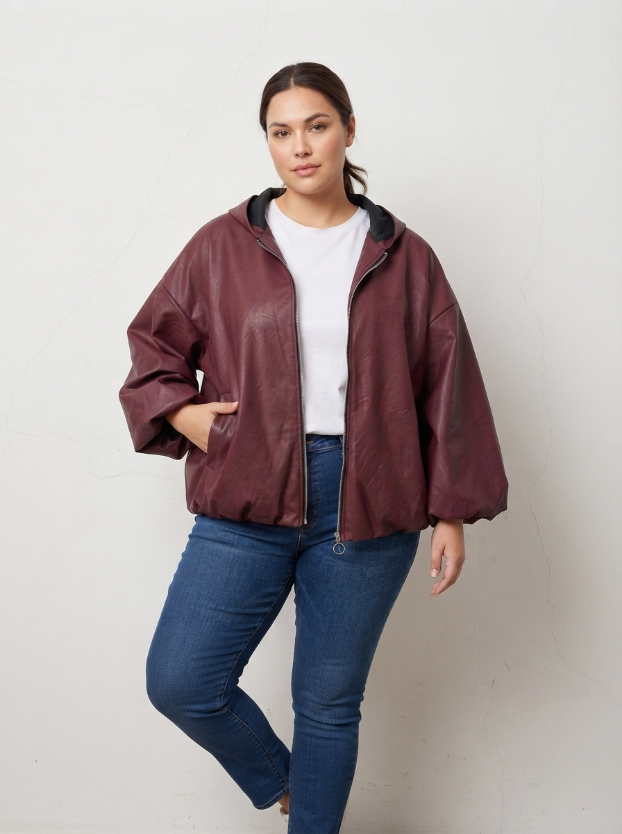Модерно кожено яке с обемни ръкави в бордо Plus Size