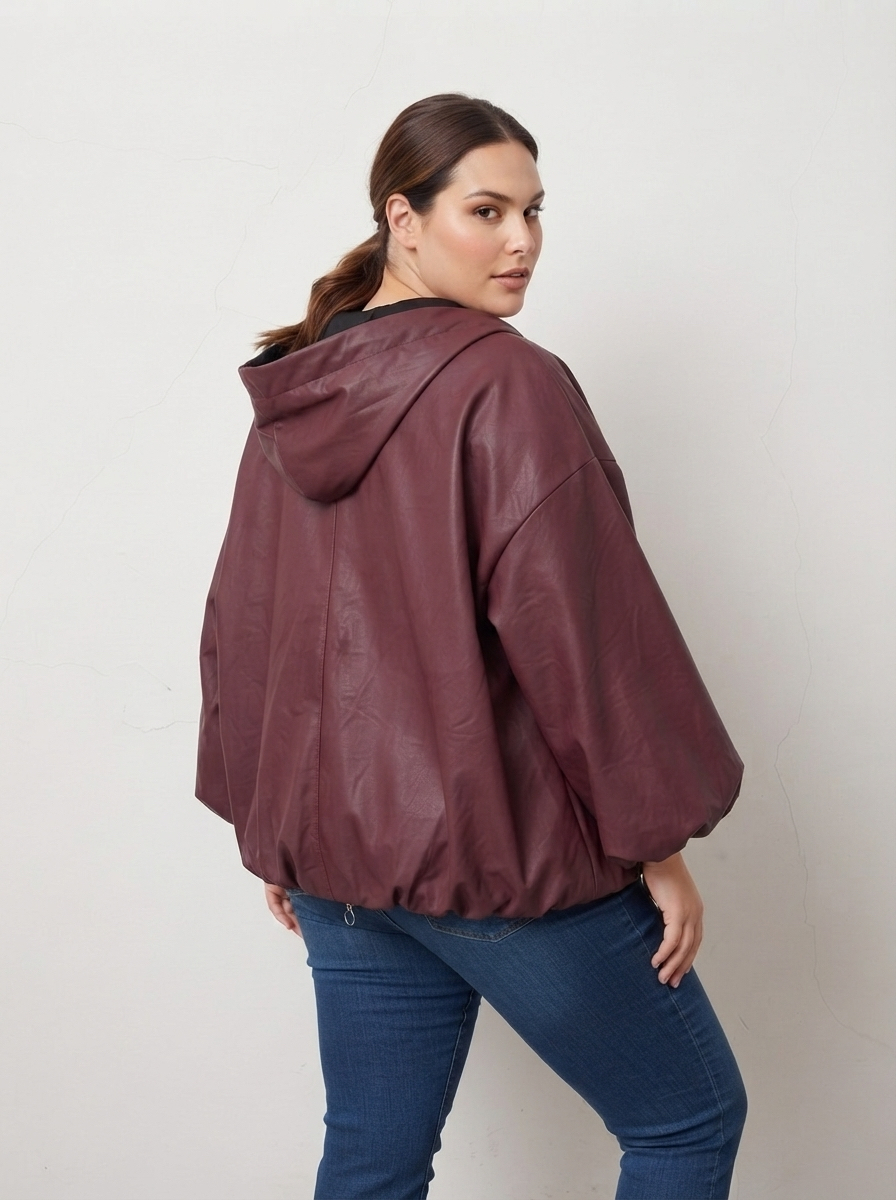 Модерно кожено яке с обемни ръкави в бордо Plus Size