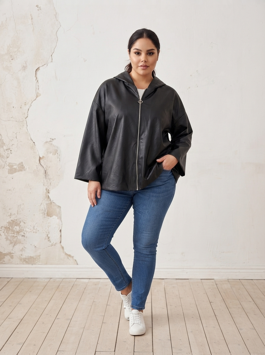 Модерно кожено яке с обемни ръкави в черно Plus Size 