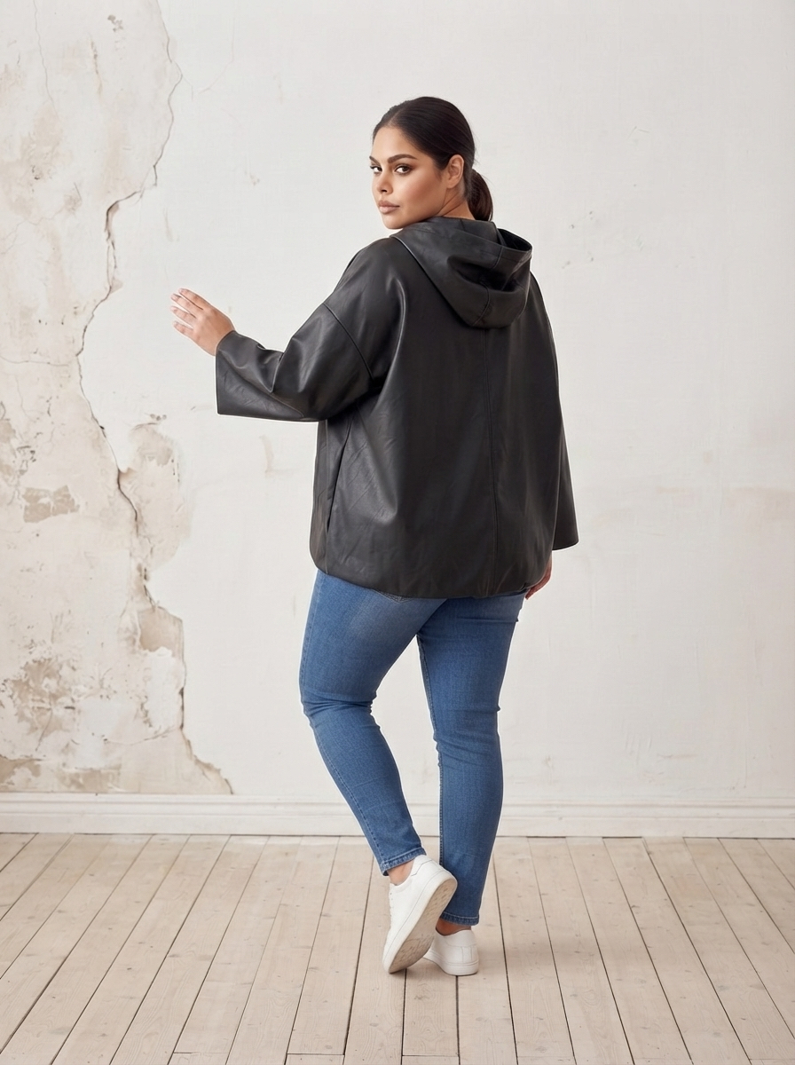 Модерно кожено яке с обемни ръкави в черно Plus Size 