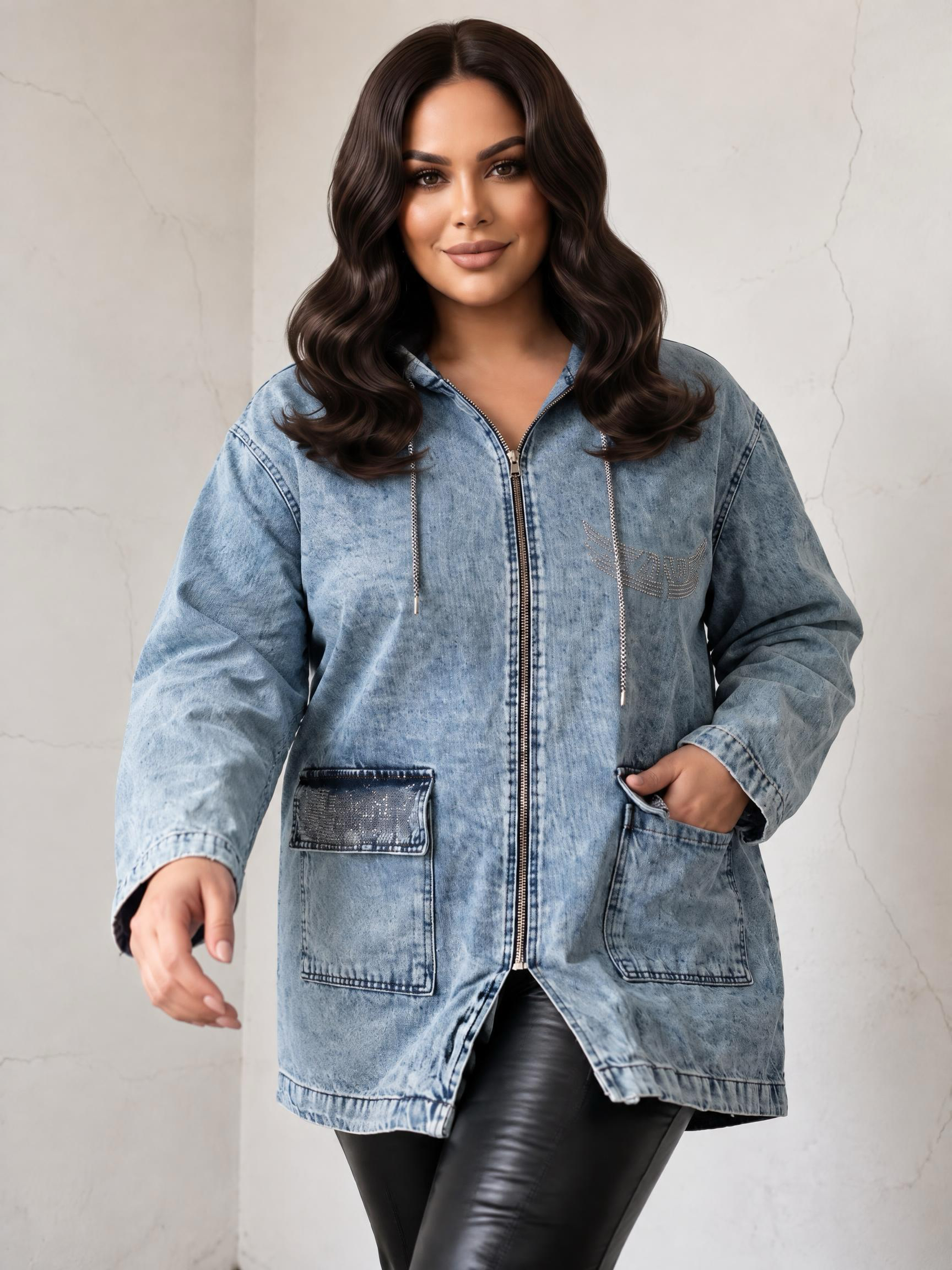 Светъл деним дънково яке PLUS SIZE модел с джобове 