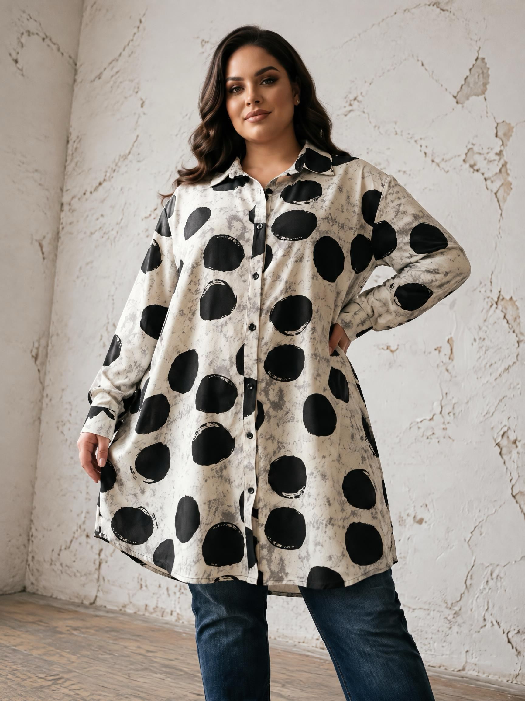 Plus size eлегантна риза екрю на точки