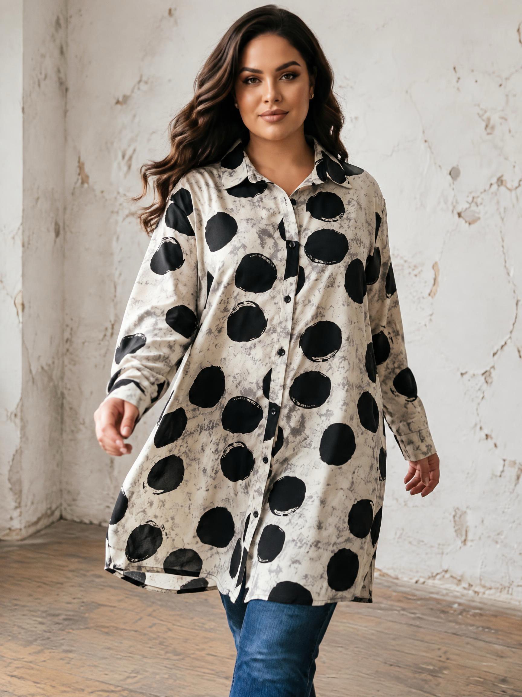 Plus size eлегантна риза екрю на точки