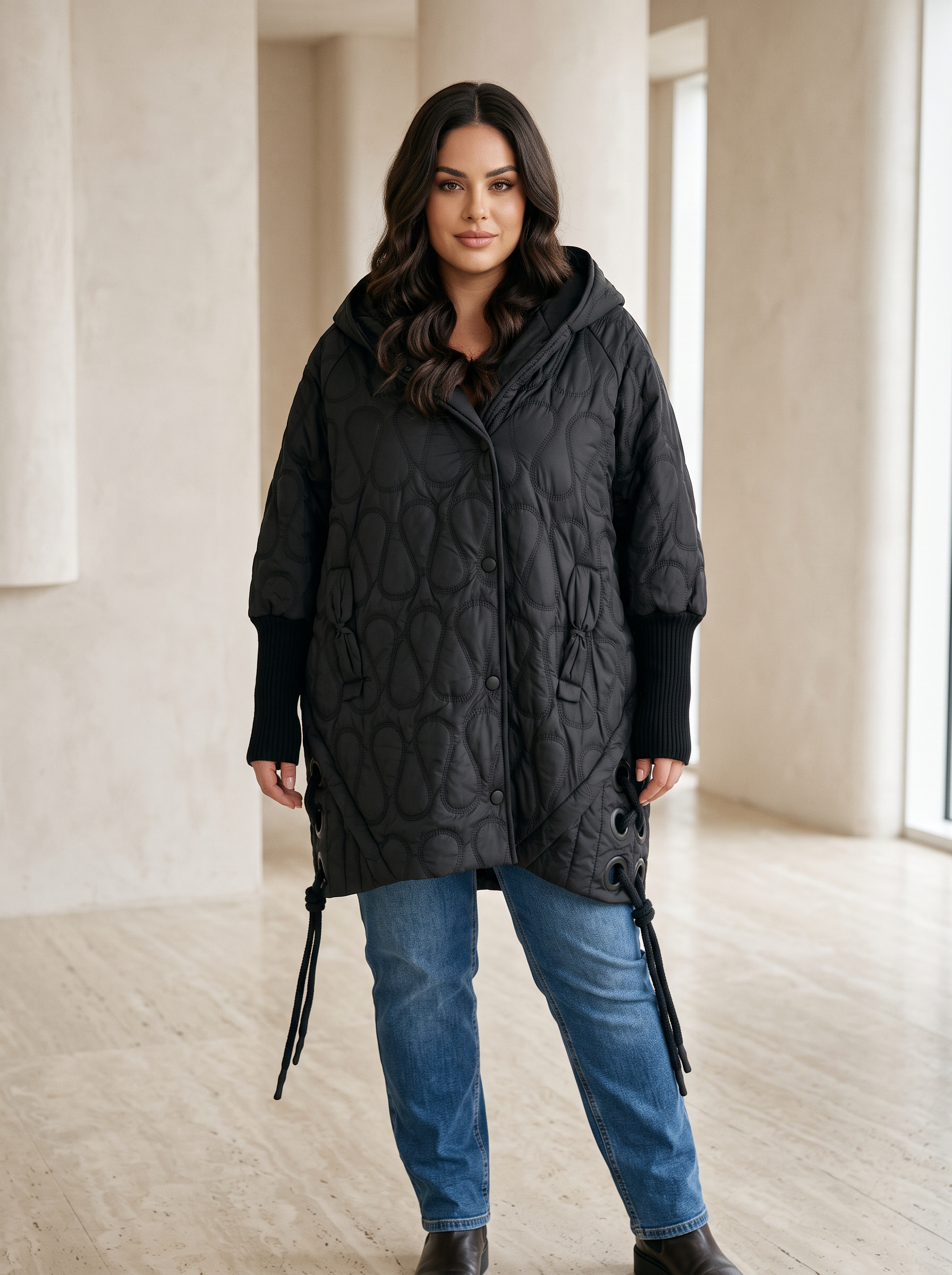 Бутиково макси яке с ефектни капси и обемна качулка