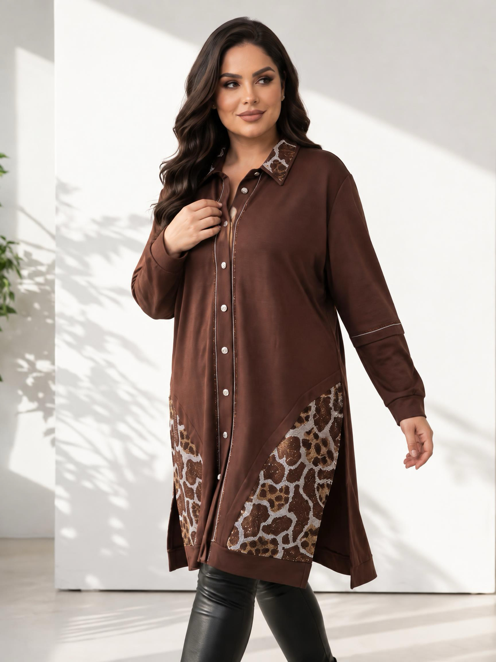 Модерна дълга риза с бляскави камъчета Plus size 