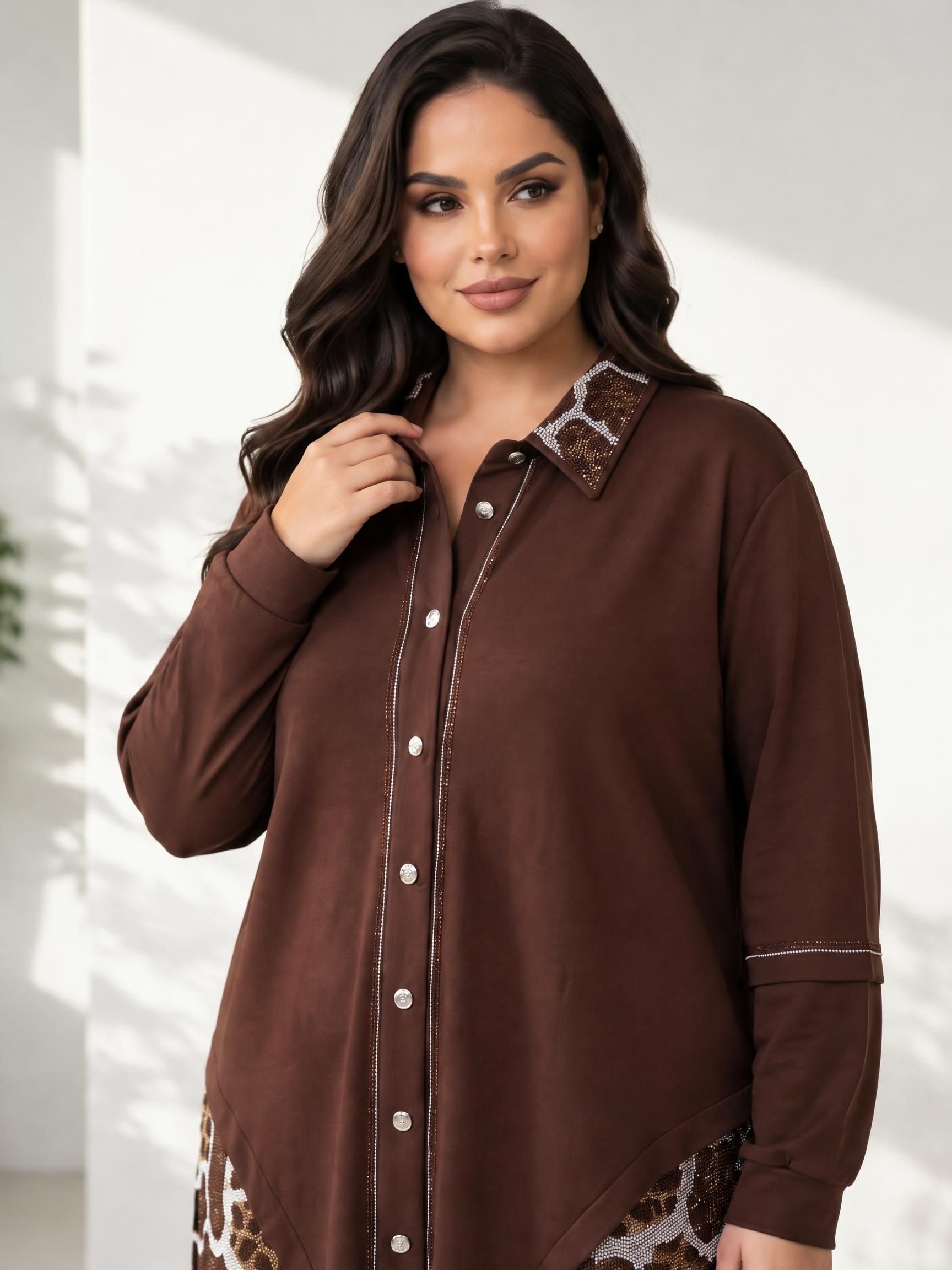 Модерна дълга риза с бляскави камъчета Plus size 