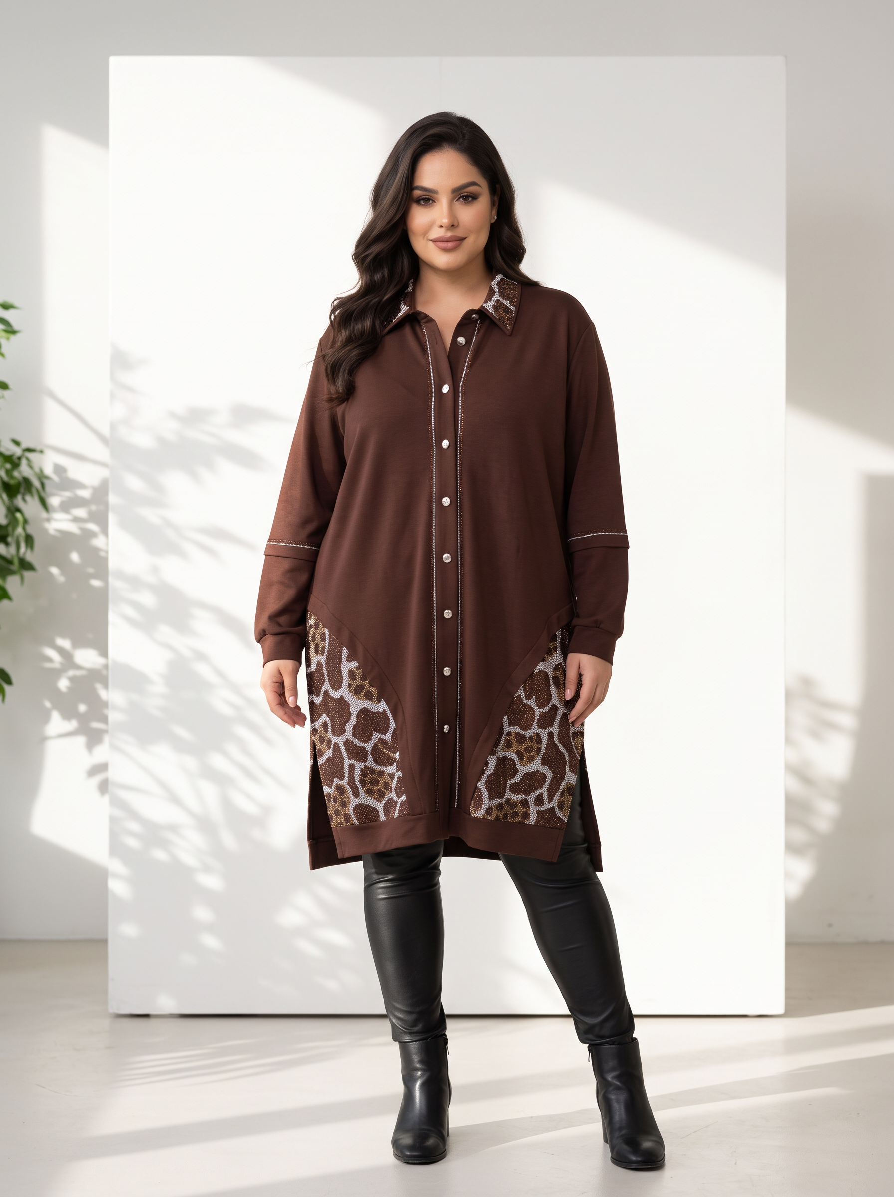 Модерна дълга риза с бляскави камъчета Plus size 