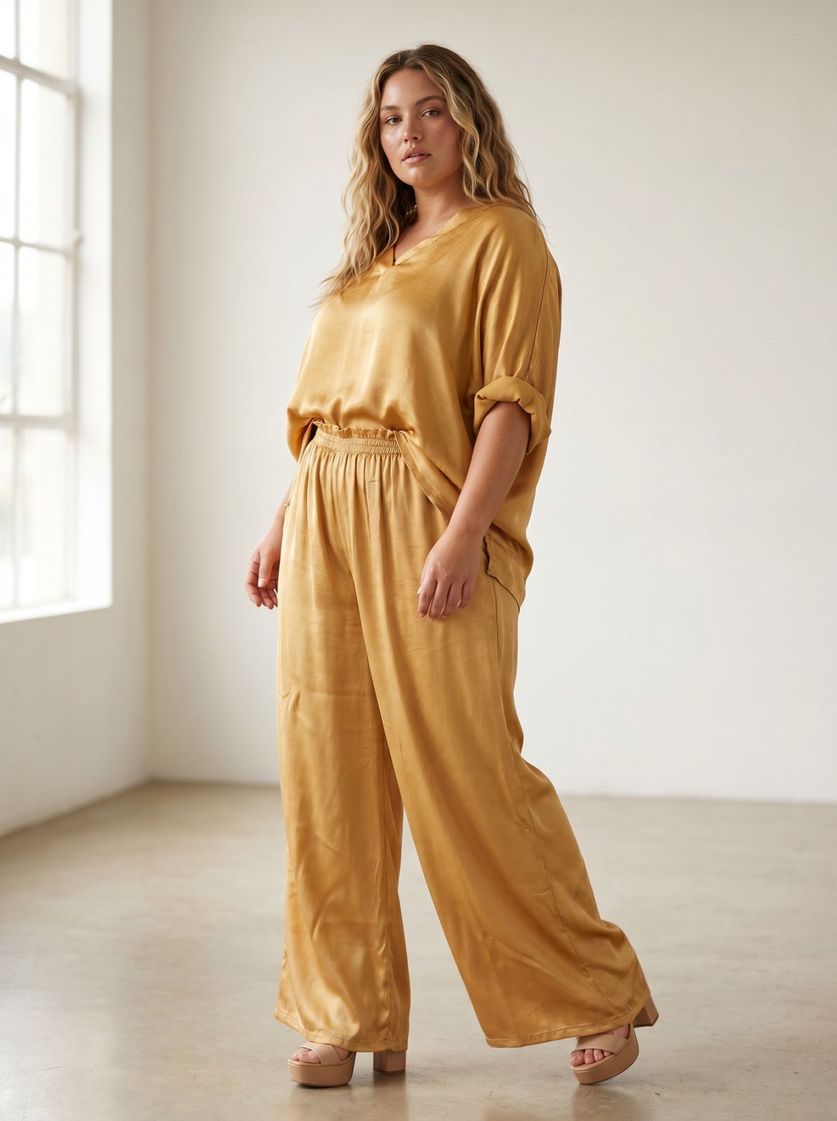 Сатениран комплект ефектна визия в златно plus size