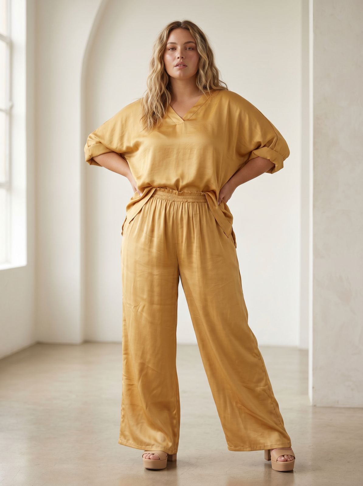 Сатениран комплект ефектна визия в златно plus size