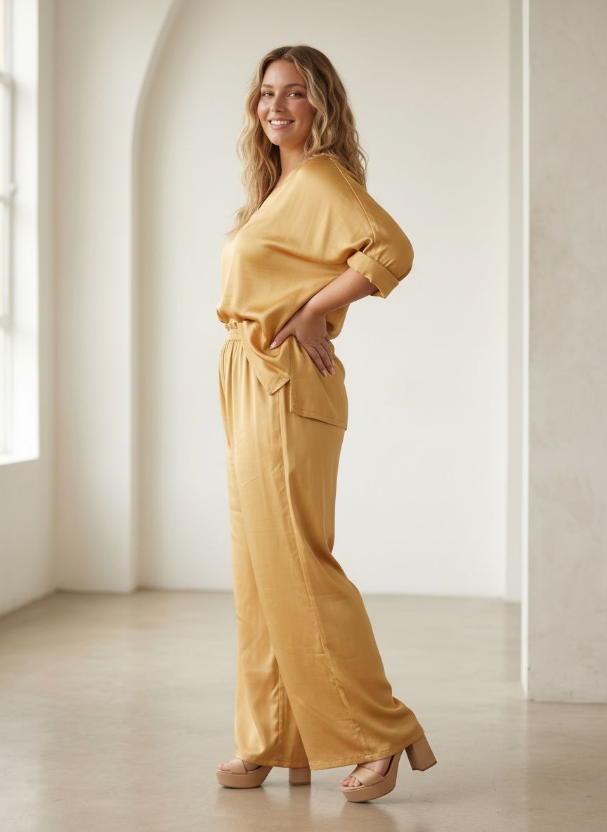 Сатениран комплект ефектна визия в златно plus size