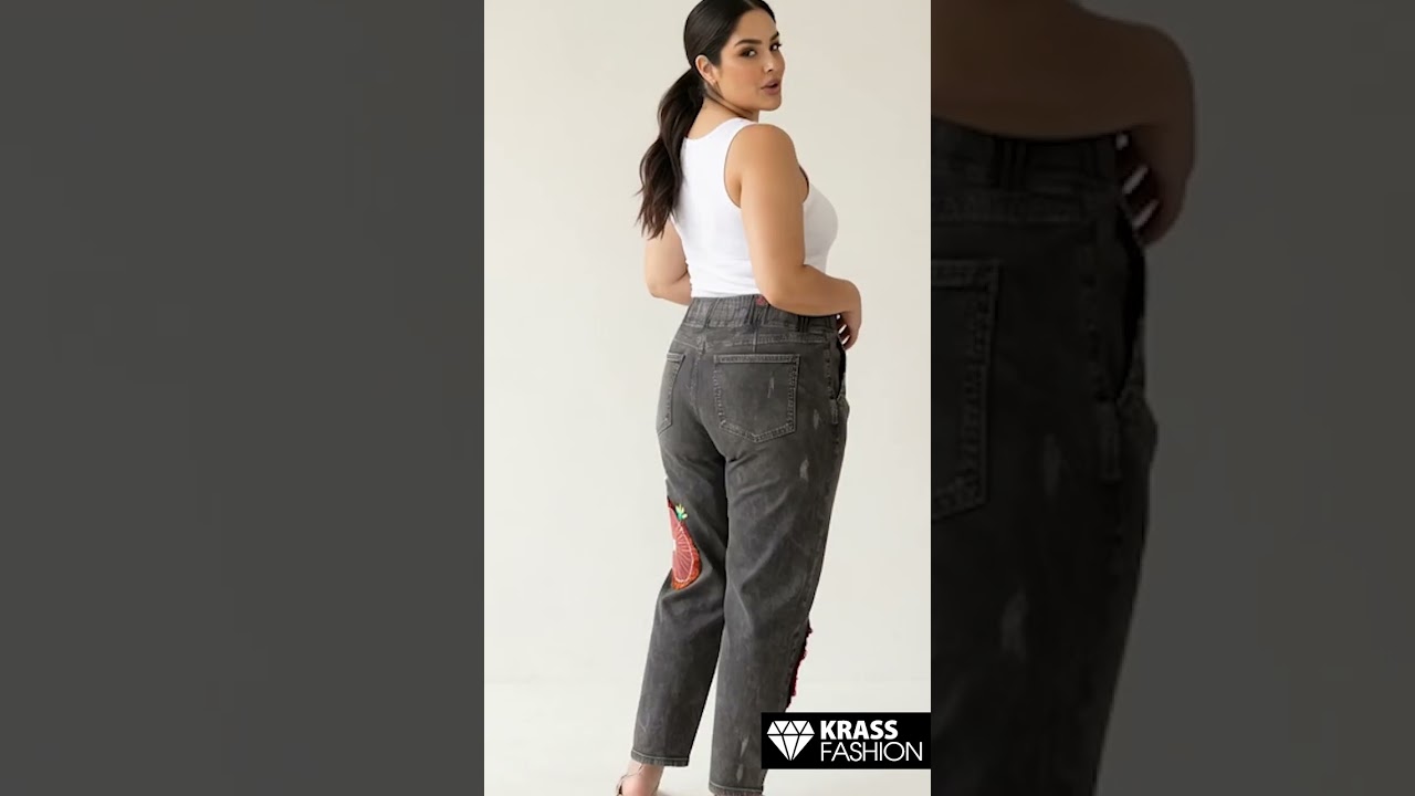 Летни дънки с ефекtни бродирани цветя Plus size