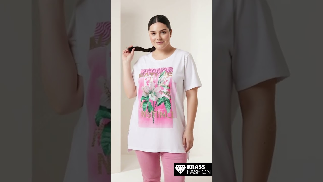 Модерна тениска с розово цвете и щампа PLUS SIZE модел
