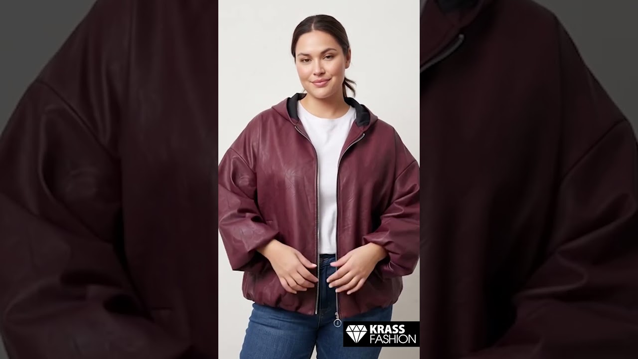 Модерно кожено яке с обемни ръкави в бордо Plus Size