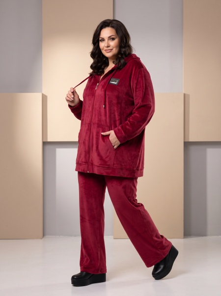Луксозен комплект от нежно кадифе в бордо цвят Plus size