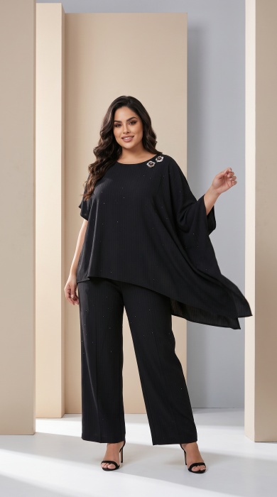 Дизайнерски черен комплект с асиметрична туника PLUS SIZE