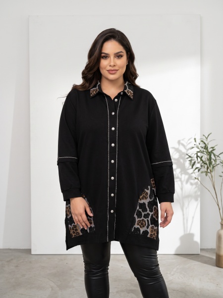 Модерна черна дълга риза с бляскави камъчета Plus size 