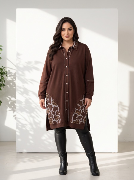 Стилна кафява риза с красив блясък PLUS SIZE модел