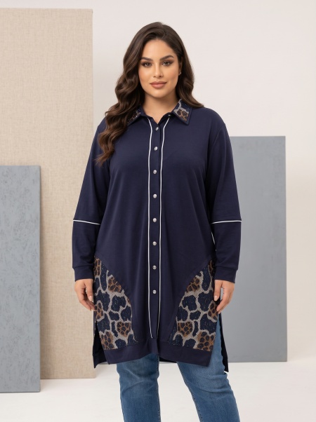 Модерна дълга синя риза с бляскави камъчета Plus size